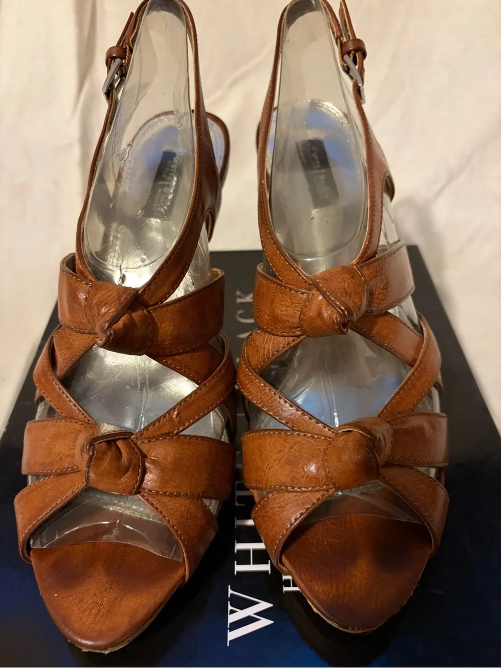 White House Black Market Cognac Leather Knotted Slingback Heels size 10